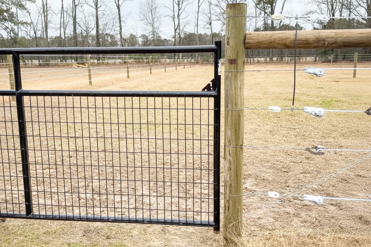 Image of a black pipe gate next to a wood post