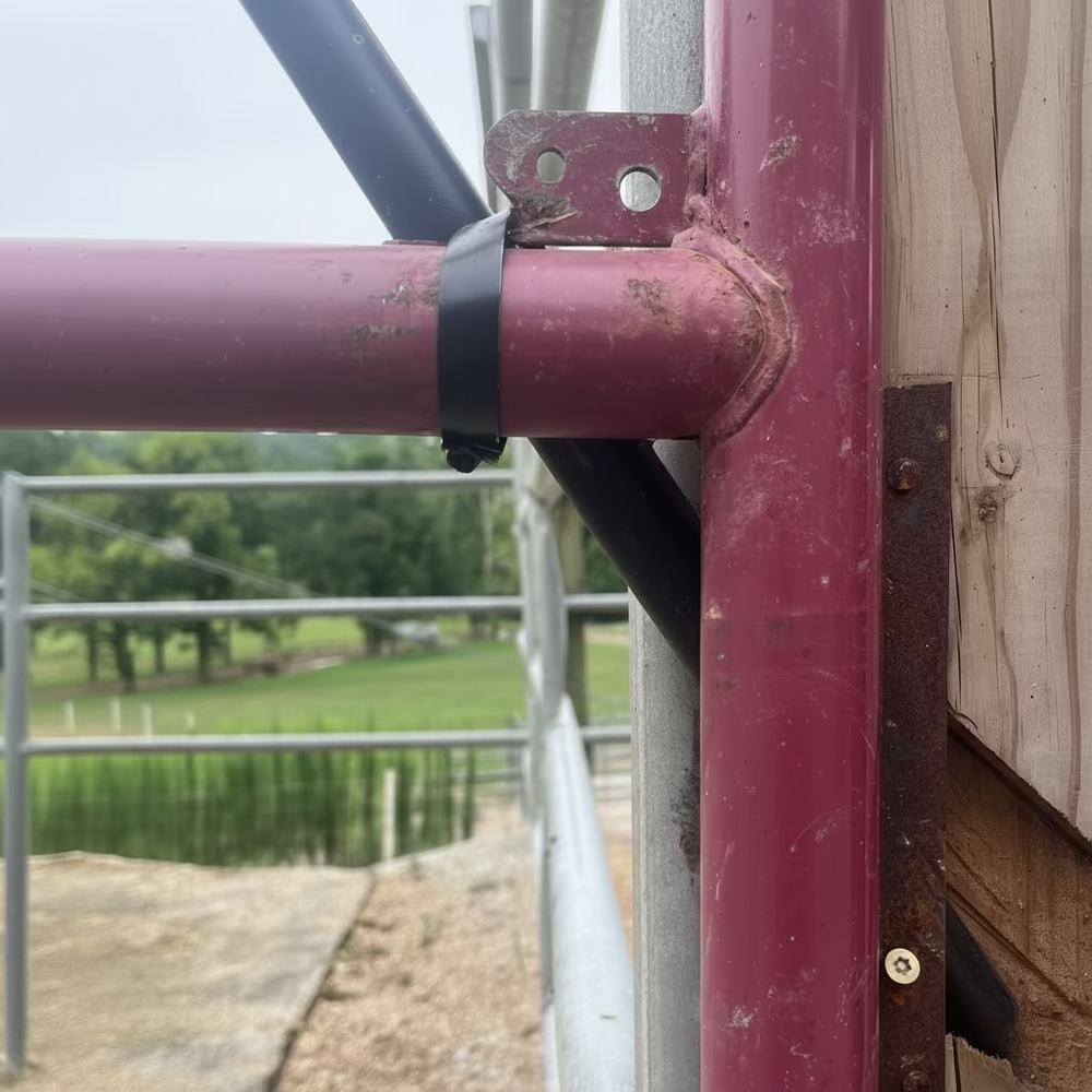 Close-up of a metal gate or fence post assembly with a burgundy-painted tube, black strap, rusted bracket, and wooden post outdoors.