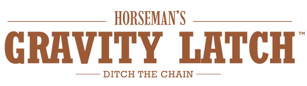 A centered brown logo-style text graphic on a white background reading 'Horseman's Gravity Latch' with the tagline 'Ditch the Chain' underneath.